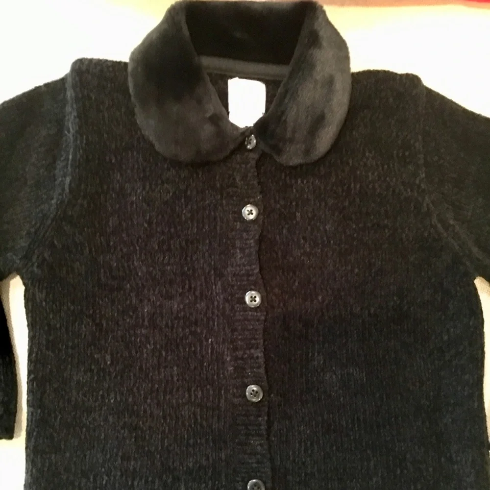 Vintage babyGAP Black Chenille Cardigan Sweater w/Faux Fur Collar, sz 2xl/3xl
